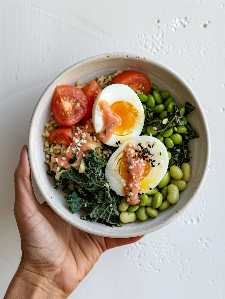 Bowl mit Ei, Gemüse und Edamame
