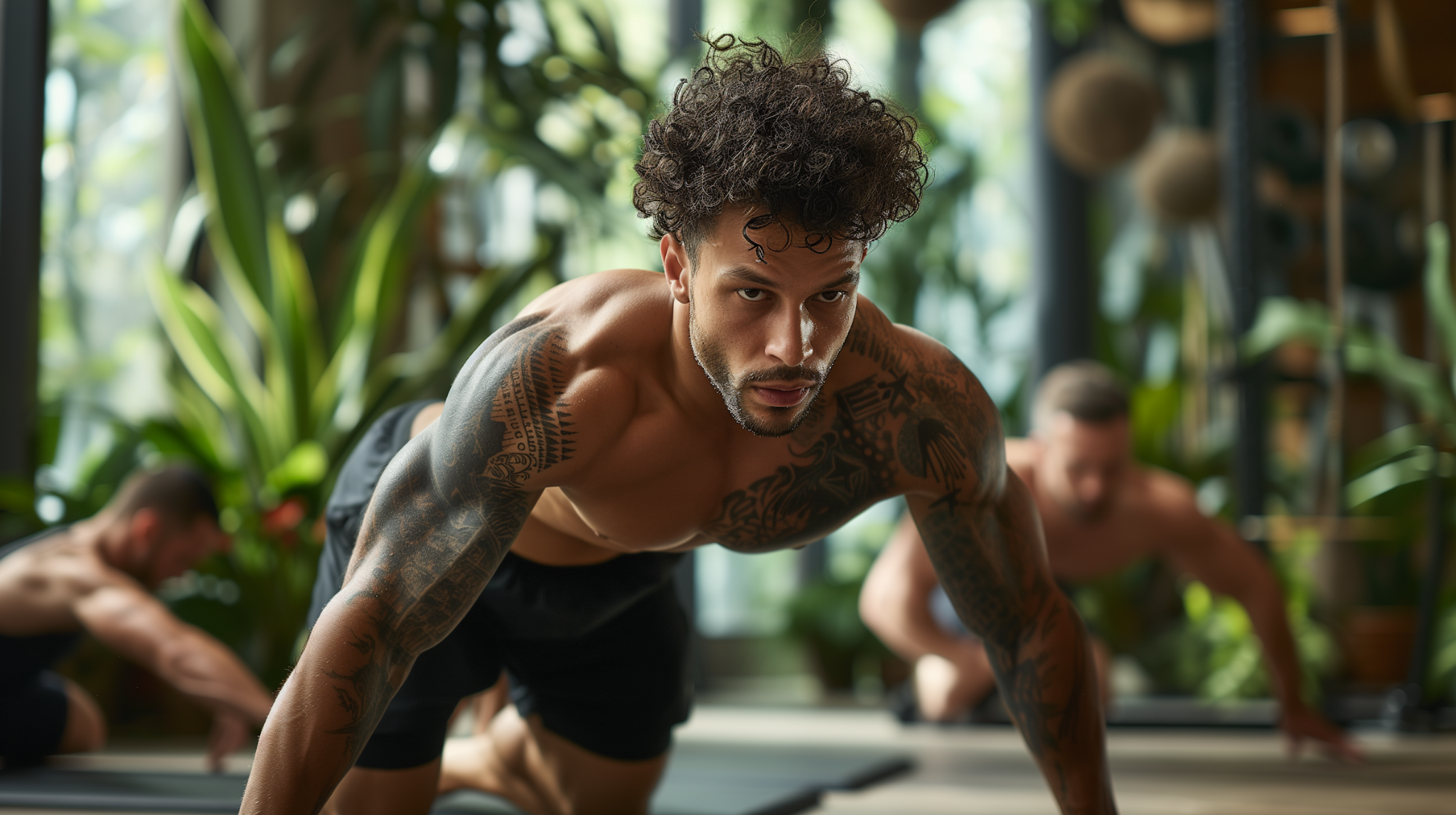 Athlet macht Push-ups in einem grünen Fitnessstudio