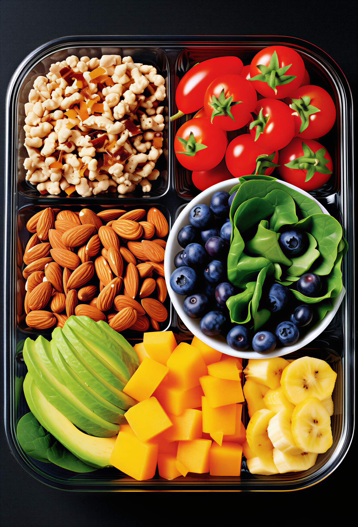 Meal-Prep Box mit Avocado, Beeren, Tomaten und Nüssen